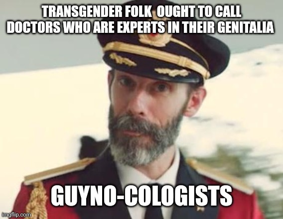 Captain Obvious | TRANSGENDER FOLK  OUGHT TO CALL DOCTORS WHO ARE EXPERTS IN THEIR GENITALIA; GUYNO-COLOGISTS | image tagged in captain obvious | made w/ Imgflip meme maker
