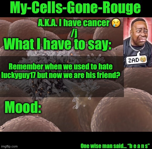 My-Cells-Gone-Rouge announcement | Remember when we used to hate luckyguy17 but now we are his friend? | image tagged in my-cells-gone-rouge announcement | made w/ Imgflip meme maker
