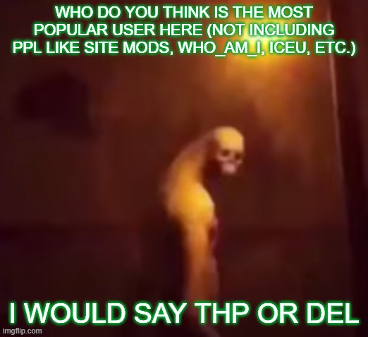 Your IP Address Is On The Internet | WHO DO YOU THINK IS THE MOST POPULAR USER HERE (NOT INCLUDING PPL LIKE SITE MODS, WHO_AM_I, ICEU, ETC.); I WOULD SAY THP OR DEL | image tagged in your ip address is on the internet | made w/ Imgflip meme maker
