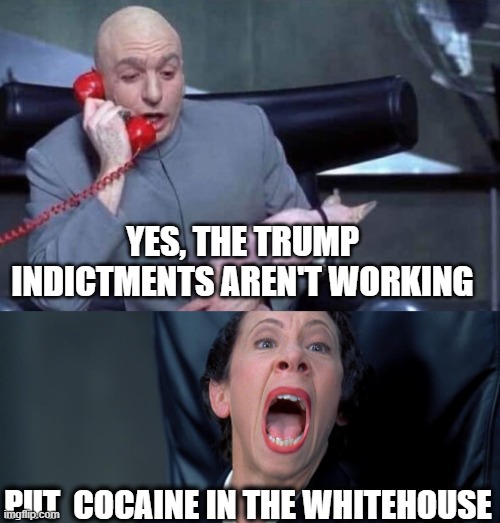 Dr Evil and Frau | YES, THE TRUMP INDICTMENTS AREN'T WORKING; PUT  COCAINE IN THE WHITEHOUSE | image tagged in dr evil and frau | made w/ Imgflip meme maker