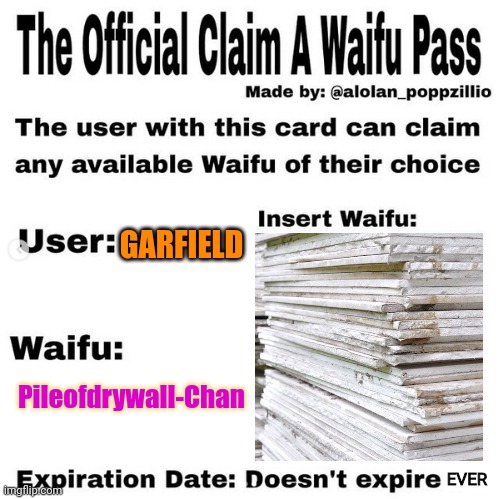Everyone gets a terrible waifu! | GARFIELD; Pileofdrywall-Chan; EVER | image tagged in official claim a waifu pass,stop it get some help | made w/ Imgflip meme maker