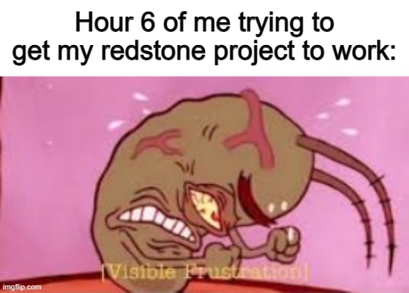 I suck at redstone XD | Hour 6 of me trying to get my redstone project to work: | image tagged in visible frustration | made w/ Imgflip meme maker