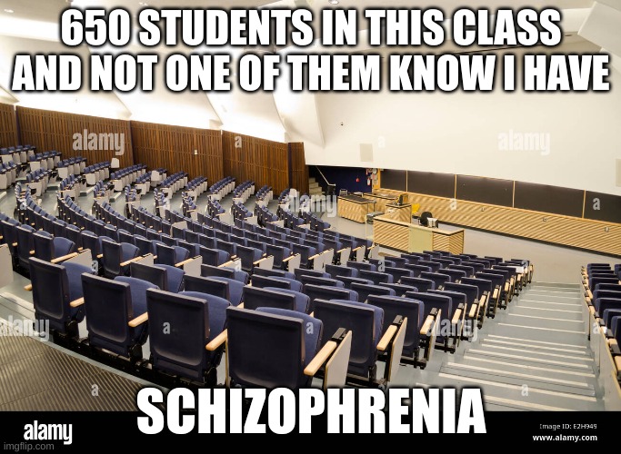 650 STUDENTS IN THIS CLASS AND NOT ONE OF THEM KNOW I HAVE; SCHIZOPHRENIA | image tagged in funny meme,medical | made w/ Imgflip meme maker