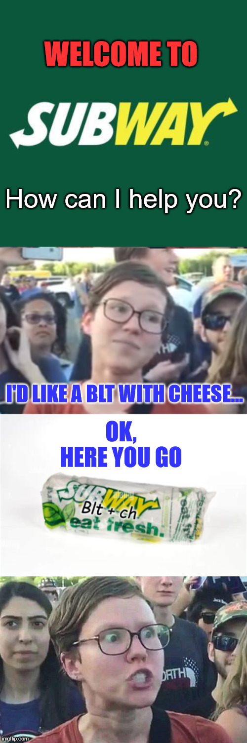 This actually happened... libs are so easily triggered... | WELCOME TO; How can I help you? OK, HERE YOU GO; I'D LIKE A BLT WITH CHEESE... | image tagged in subway logo,two faced liberal snowflake,triggered liberal | made w/ Imgflip meme maker
