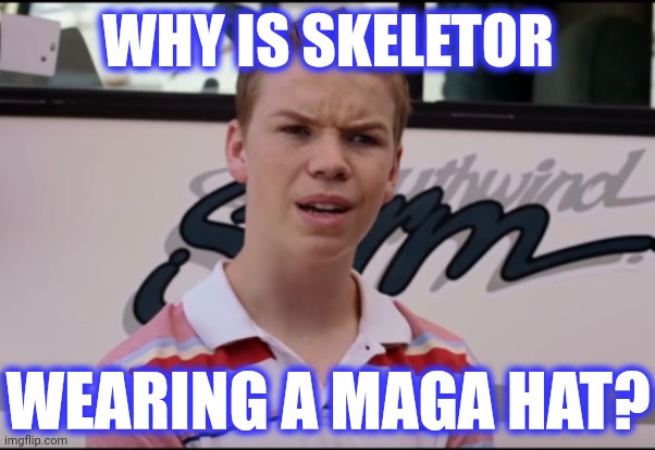 You Guys are Getting Paid | WHY IS SKELETOR WEARING A MAGA HAT? | image tagged in you guys are getting paid | made w/ Imgflip meme maker