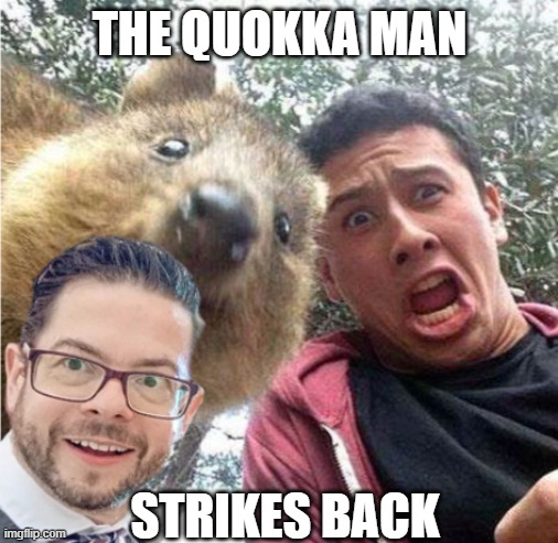 Another perfect quokka selfie...ruined by the quokka man | THE QUOKKA MAN; STRIKES BACK | image tagged in quokka,selfie,photobomb | made w/ Imgflip meme maker