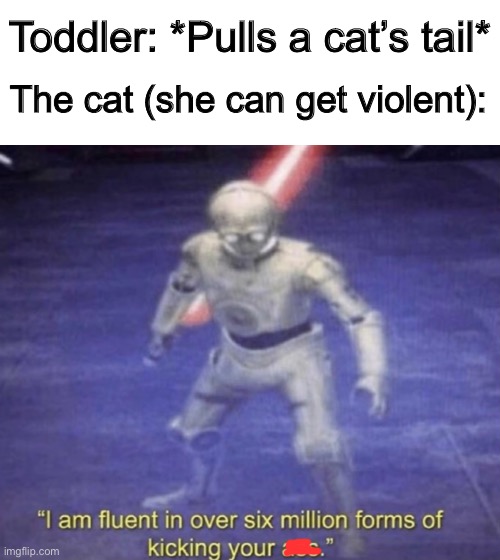 True story :1 | The cat (she can get violent):; Toddler: *Pulls a cat’s tail* | image tagged in i am fluent in over six million forms of kicking your ass | made w/ Imgflip meme maker