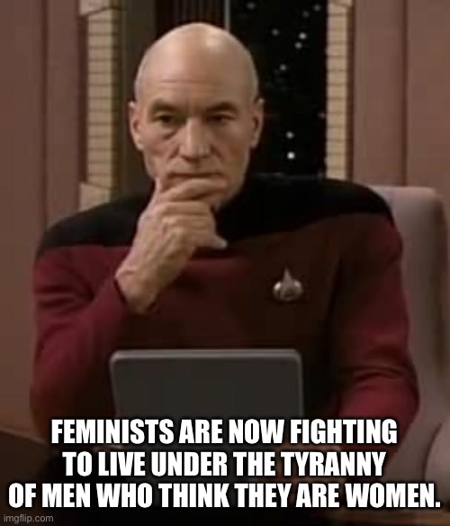 picard thinking | FEMINISTS ARE NOW FIGHTING TO LIVE UNDER THE TYRANNY OF MEN WHO THINK THEY ARE WOMEN. | image tagged in picard thinking | made w/ Imgflip meme maker