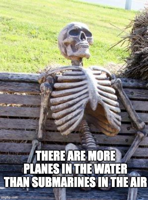 ? | THERE ARE MORE PLANES IN THE WATER THAN SUBMARINES IN THE AIR | image tagged in memes,waiting skeleton,funny,bruh,skeleton,bruh moment | made w/ Imgflip meme maker