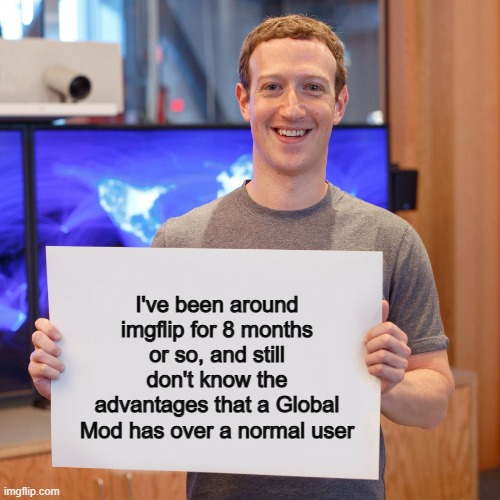 Explanation pls :I | I've been around imgflip for 8 months or so, and still don't know the advantages that a Global Mod has over a normal user | image tagged in mark zuckerberg blank sign | made w/ Imgflip meme maker