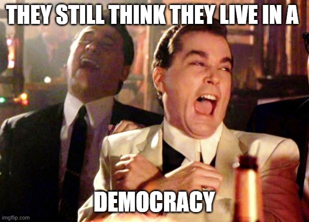 democracy | THEY STILL THINK THEY LIVE IN A; DEMOCRACY | image tagged in goodfellas laugh | made w/ Imgflip meme maker
