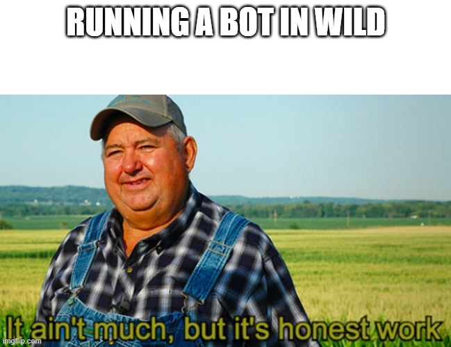It ain't much, but it's honest work | RUNNING A BOT IN WILD | image tagged in it ain't much but it's honest work | made w/ Imgflip meme maker