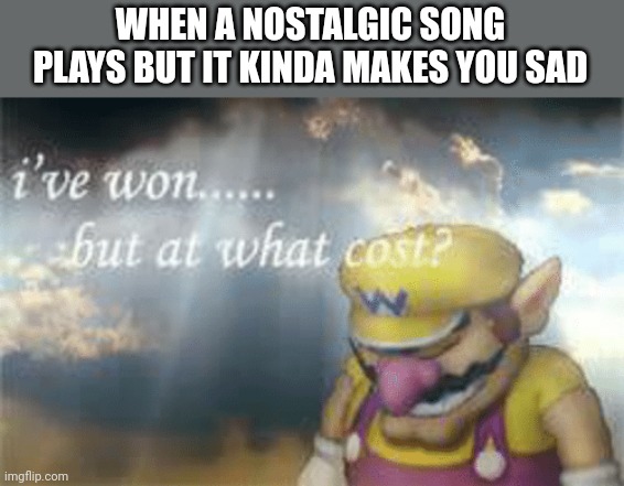 Sometimes things are a bit too nostalgic for me | WHEN A NOSTALGIC SONG PLAYS BUT IT KINDA MAKES YOU SAD | image tagged in i've won but at what cost | made w/ Imgflip meme maker