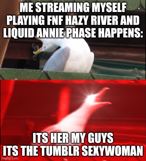 can we get her to be the Tumblr Sexywoman? | ME STREAMING MYSELF PLAYING FNF HAZY RIVER AND LIQUID ANNIE PHASE HAPPENS:; ITS HER MY GUYS ITS THE TUMBLR SEXYWOMAN | image tagged in screaming bird | made w/ Imgflip meme maker