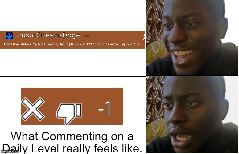 I don't like Commenting on Daily levels | What Commenting on a Daily Level really feels like. | image tagged in disappointed black guy,geometry dash,memes,funny | made w/ Imgflip meme maker