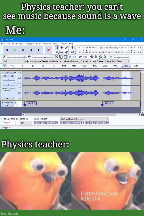 Teacher.exe stop working succesfully | Physics teacher: you can't see music because sound is a wave; Me:; Physics teacher: | image tagged in physics,sound of music,soundwave | made w/ Imgflip meme maker