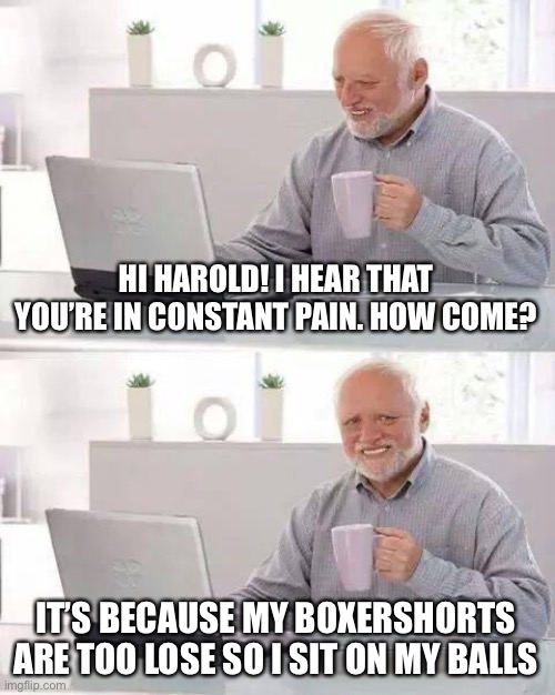 Hide the Pain Harold Meme | HI HAROLD! I HEAR THAT YOU’RE IN CONSTANT PAIN. HOW COME? IT’S BECAUSE MY BOXERSHORTS ARE TOO LOSE SO I SIT ON MY BALLS | image tagged in memes,hide the pain harold | made w/ Imgflip meme maker