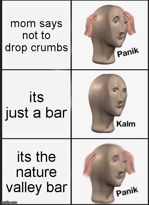 Panik Kalm Panik Meme | mom says not to drop crumbs; its just a bar; its the nature valley bar | image tagged in memes,panik kalm panik | made w/ Imgflip meme maker