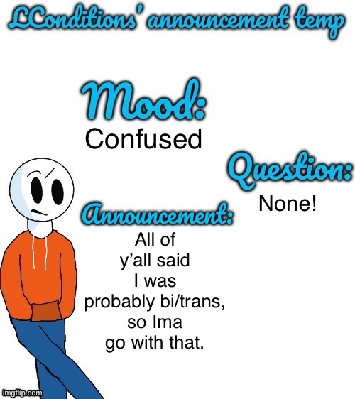 aaaaaaaaaaaA | Confused; All of y’all said I was probably bi/trans, so Ima go with that. None! | image tagged in announcement | made w/ Imgflip meme maker