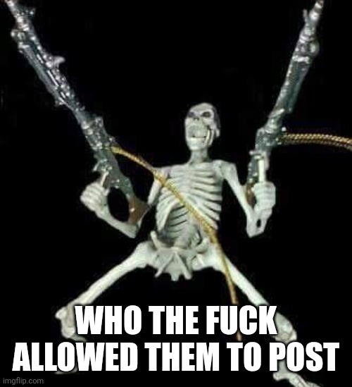 skeleton with guns meme | WHO THE FUCK ALLOWED THEM TO POST | image tagged in skeleton with guns meme | made w/ Imgflip meme maker