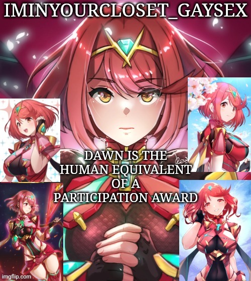 DAWN IS THE HUMAN EQUIVALENT OF A PARTICIPATION AWARD | image tagged in pyra my beloved | made w/ Imgflip meme maker