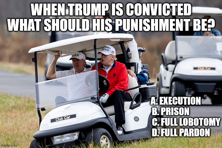 Trump deserves... | WHEN TRUMP IS CONVICTED WHAT SHOULD HIS PUNISHMENT BE? A. EXECUTION
B. PRISON
                  C. FULL LOBOTOMY
             D. FULL PARDON | image tagged in donald trump,relon,criminal,prison,execution,lobotomy | made w/ Imgflip meme maker