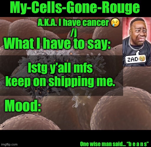 I hate it. | Istg y’all mfs keep on shipping me. | image tagged in my-cells-gone-rouge announcement | made w/ Imgflip meme maker