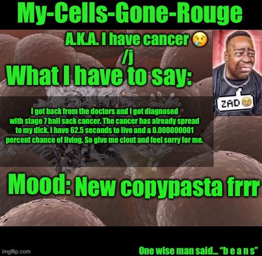 My-Cells-Gone-Rouge announcement | I got back from the doctors and I got diagnosed with stage 7 ball sack cancer. The cancer has already spread to my dick. I have 62.5 seconds to live and a 0.000000001 percent chance of living. So give me clout and feel sorry for me. New copypasta frrr | image tagged in my-cells-gone-rouge announcement | made w/ Imgflip meme maker