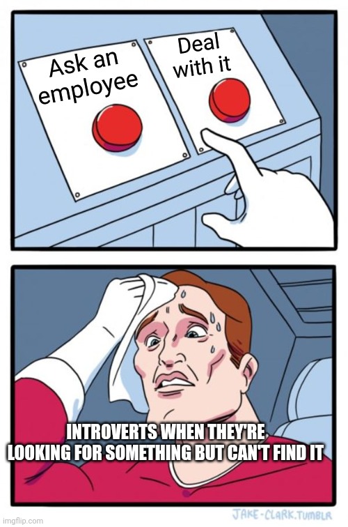Introverts when they go to the supermarket | Deal with it; Ask an employee; INTROVERTS WHEN THEY'RE LOOKING FOR SOMETHING BUT CAN'T FIND IT | image tagged in memes,two buttons | made w/ Imgflip meme maker