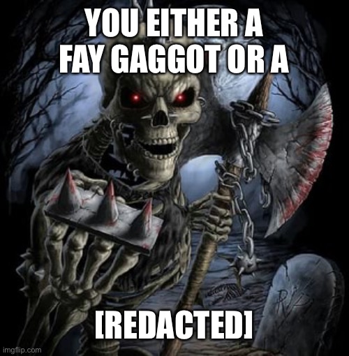 badass skeleton | YOU EITHER A FAY GAGGOT OR A; [REDACTED] | image tagged in badass skeleton | made w/ Imgflip meme maker