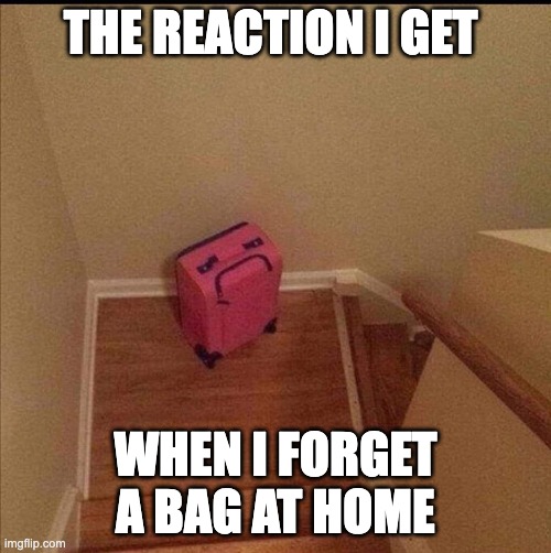 Emotional Baggage | THE REACTION I GET; WHEN I FORGET A BAG AT HOME | image tagged in emotional baggage | made w/ Imgflip meme maker