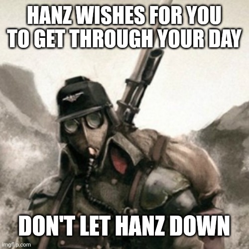 Death Korps of Krieg | HANZ WISHES FOR YOU TO GET THROUGH YOUR DAY; DON'T LET HANZ DOWN | image tagged in death korps of krieg | made w/ Imgflip meme maker