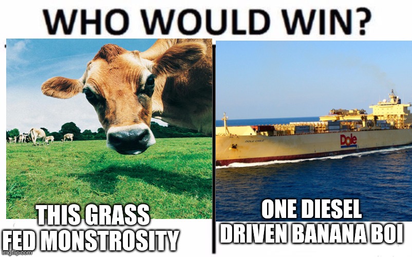 Who Would Win? | ONE DIESEL DRIVEN BANANA BOI; THIS GRASS FED MONSTROSITY | image tagged in memes,who would win | made w/ Imgflip meme maker