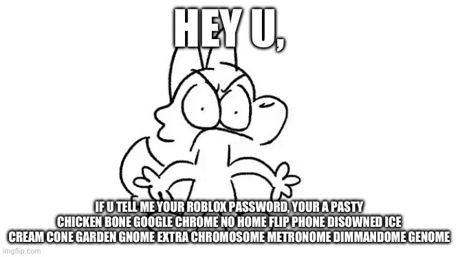 Angry Aimkid | HEY U, IF U TELL ME YOUR ROBLOX PASSWORD, YOUR A PASTY CHICKEN BONE GOOGLE CHROME NO HOME FLIP PHONE DISOWNED ICE CREAM CONE GARDEN GNOME EXTRA CHROMOSOME METRONOME DIMMANDOME GENOME | image tagged in angry aimkid | made w/ Imgflip meme maker