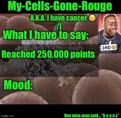 My-Cells-Gone-Rouge announcement | Reached 250,000 points | image tagged in my-cells-gone-rouge announcement | made w/ Imgflip meme maker