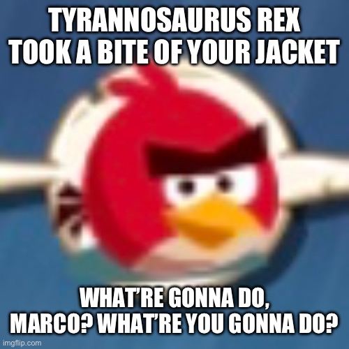 TYRANNOSAURUS REX TOOK A BITE OF YOUR JACKET WHAT’RE GONNA DO, MARCO? WHAT’RE YOU GONNA DO? | made w/ Imgflip meme maker