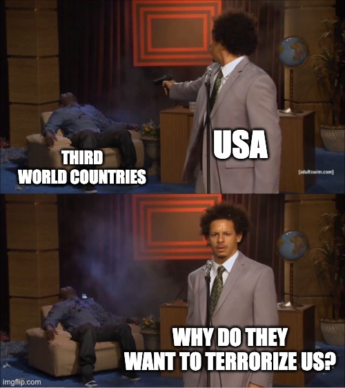 There is a reason for everything. | USA; THIRD WORLD COUNTRIES; WHY DO THEY WANT TO TERRORIZE US? | image tagged in memes,who killed hannibal,9/11,karma,third world,usa | made w/ Imgflip meme maker
