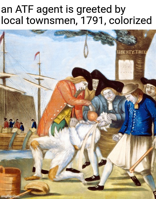 Colonists tar & feather tax collector | an ATF agent is greeted by local townsmen, 1791, colorized | image tagged in colonists tar feather tax collector | made w/ Imgflip meme maker