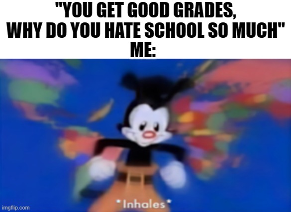 Yakko inhale | "YOU GET GOOD GRADES, WHY DO YOU HATE SCHOOL SO MUCH"; ME: | image tagged in yakko inhale | made w/ Imgflip meme maker