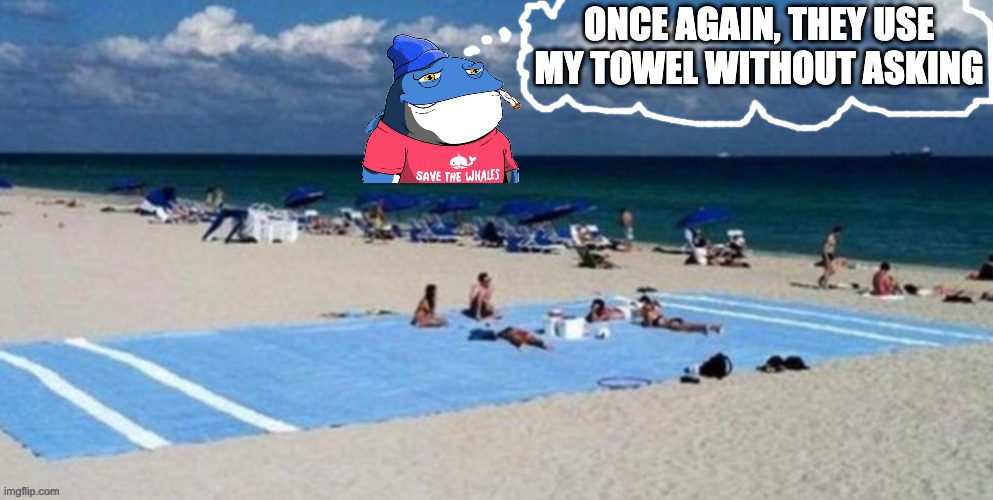 bad beach manners | ONCE AGAIN, THEY USE MY TOWEL WITHOUT ASKING | image tagged in cwm,catalina whale mixer,nft meme,beach meme | made w/ Imgflip meme maker