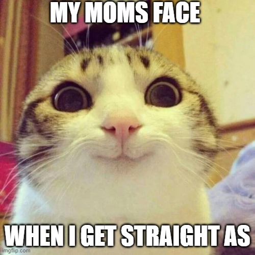 memo | MY MOMS FACE; WHEN I GET STRAIGHT AS | image tagged in memes,smiling cat | made w/ Imgflip meme maker