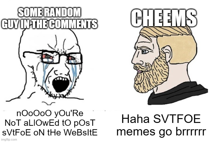 First submission to the Anti-SVTFOE-Haters Stream! | SOME RANDOM GUY IN THE COMMENTS; CHEEMS; Haha SVTFOE memes go brrrrrr; nOoOoO yOu'Re NoT aLlOwEd tO pOsT sVtFoE oN tHe WeBsItE | image tagged in soyboy vs yes chad,haters,svtfoe,justacheemsdoge | made w/ Imgflip meme maker