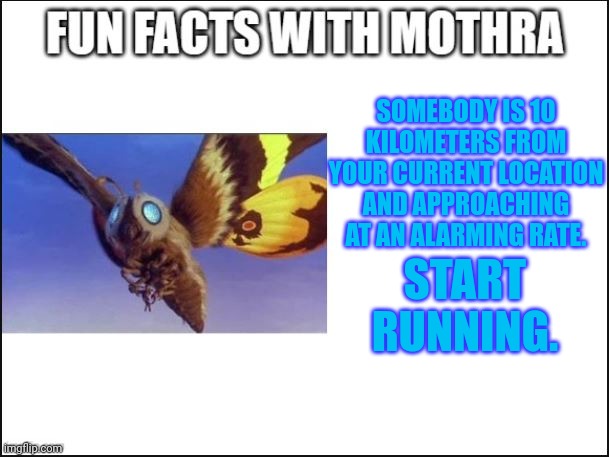She's right. | SOMEBODY IS 10 KILOMETERS FROM YOUR CURRENT LOCATION AND APPROACHING AT AN ALARMING RATE. START RUNNING. | image tagged in fun facts with mothra | made w/ Imgflip meme maker