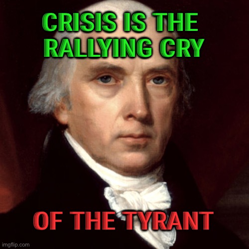 Crisis Is The Rallying Cry Of The Tyrant | CRISIS IS THE 
RALLYING CRY; OF THE TYRANT | image tagged in james madison | made w/ Imgflip meme maker
