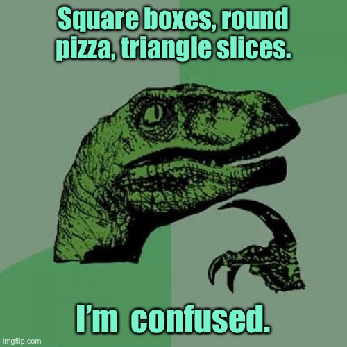 I am confused | Square boxes, round pizza, triangle slices. I’m  confused. | image tagged in memes,philosoraptor,pizza,round,square box | made w/ Imgflip meme maker