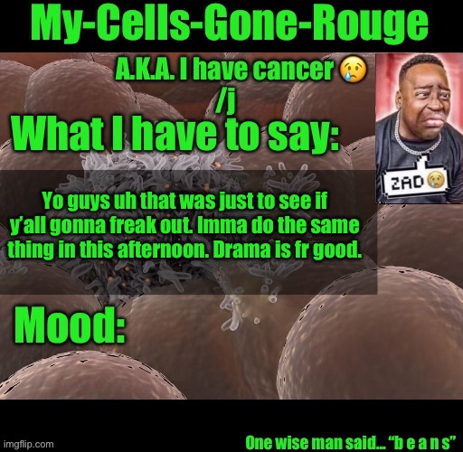 My-Cells-Gone-Rouge announcement | Yo guys uh that was just to see if y’all gonna freak out. Imma do the same thing in this afternoon. Drama is fr good. | image tagged in my-cells-gone-rouge announcement | made w/ Imgflip meme maker