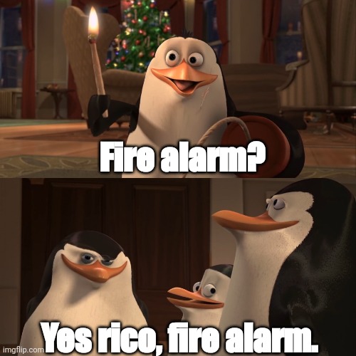 Fire alarm? | Fire alarm? Yes rico, fire alarm. | image tagged in madagascar penguin kaboom | made w/ Imgflip meme maker
