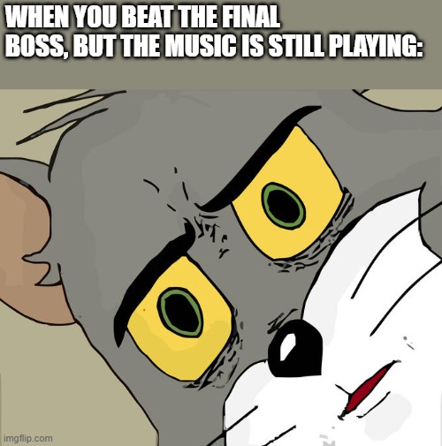 Unsettled Tom Meme | WHEN YOU BEAT THE FINAL BOSS, BUT THE MUSIC IS STILL PLAYING: | image tagged in memes,unsettled tom | made w/ Imgflip meme maker