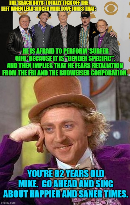 Happier and saner times . . . aye. | THE 'BEACH BOYS' TOTALLY TICK OFF THE LEFT WHEN LEAD SINGER MIKE LOVE JOKES THAT:; HE IS AFRAID TO PERFORM 'SURFER GIRL' BECAUSE IT IS "GENDER SPECIFIC", AND THEN IMPLIES THAT HE FEARS RETALIATION FROM THE FBI AND THE BUDWEISER CORPORATION. YOU'RE 82 YEARS OLD MIKE.  GO AHEAD AND SING ABOUT HAPPIER AND SANER TIMES. | image tagged in yep | made w/ Imgflip meme maker