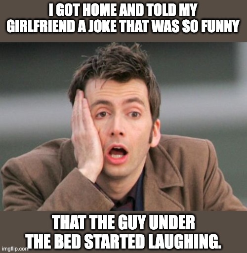 Funny | I GOT HOME AND TOLD MY GIRLFRIEND A JOKE THAT WAS SO FUNNY; THAT THE GUY UNDER THE BED STARTED LAUGHING. | image tagged in tennant facepalm | made w/ Imgflip meme maker
